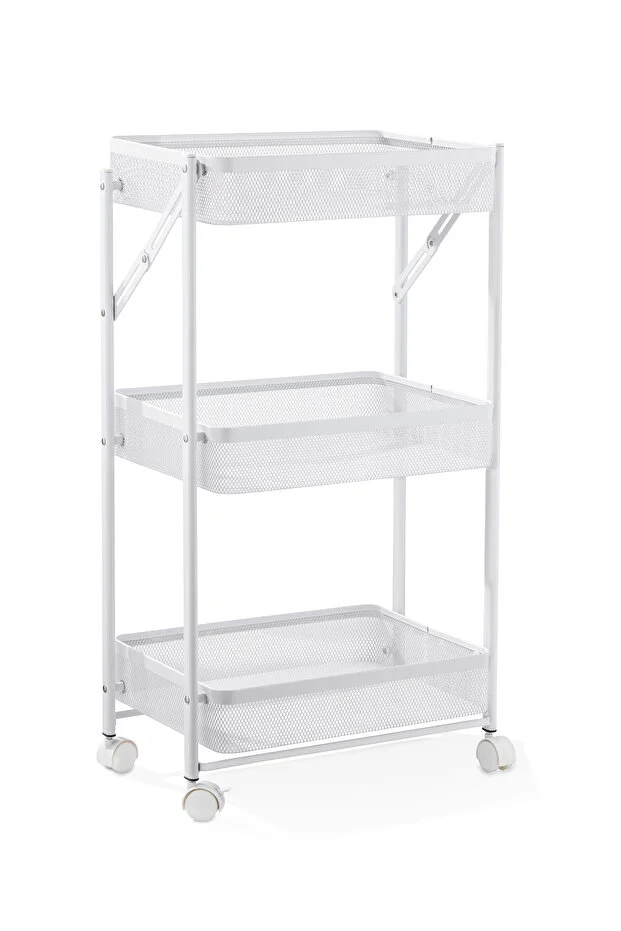 Cornella 3 Katlı Katlanır Beyaz Renk Metal Çok Amaçlı Organizer Tekerlekli Düzenleyici Dikdörtgen Sepet